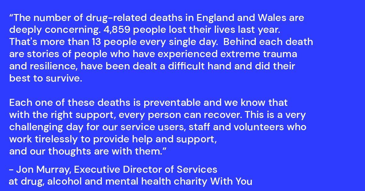 We've responded to new England &amp; Wales drug-related death stats from <a href="/ONS/">Office for National Statistics (ONS)</a>.
This is a very challenging day for our service users, staff and volunteers who work tirelessly to provide help and support, and our thoughts are with them.
Read the full statement:  wearewithyou.org.uk/media/press-re…
