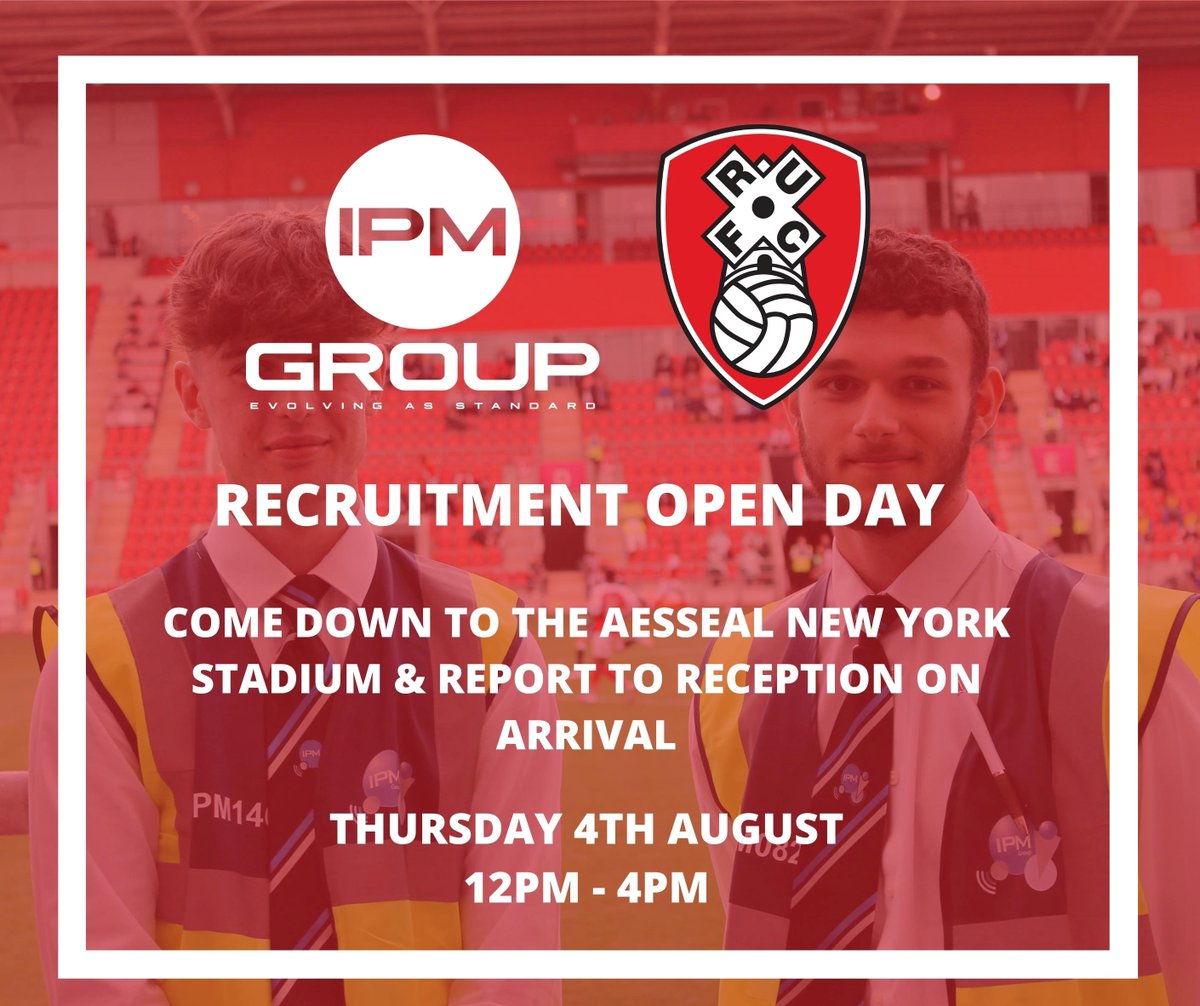 🏟️ | Our 2022/23 Primary Shirt Sponsors <a href="/IPM__Group/">IPM Group</a> have a number of exciting opportunities available to join their team. 

They will be hosting a recruitment day at AESSEAL New York Stadium 𝘁𝗼𝗺𝗼𝗿𝗿𝗼𝘄  between 12pm and 4pm! 

#rufc | #ForeverTogetherForeverProud