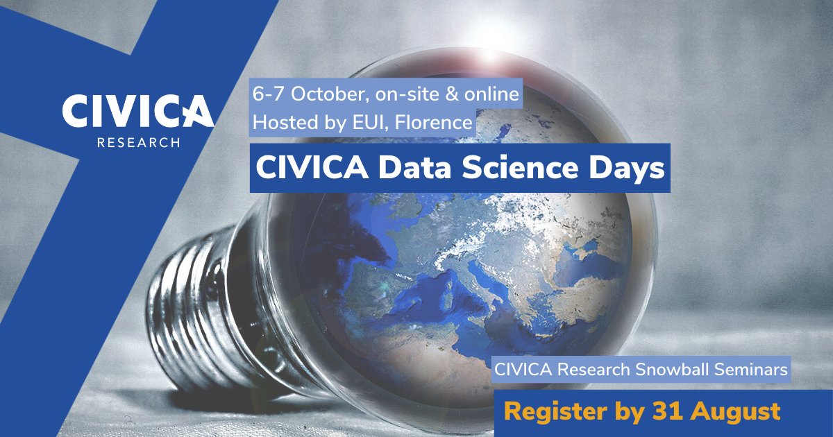 Join the #CIVICADataScience Days with experts from @CIVICA_EU & beyond
🔹 Kosuke Imai
🔹 @ridhikash07
🔹 Petra Novak
🔹 @LynnHKaack

🗓 6-7 October
On-site & online @EUI_EU

Sign up by 31 August ➡️ civica.eu/news-events/fu…