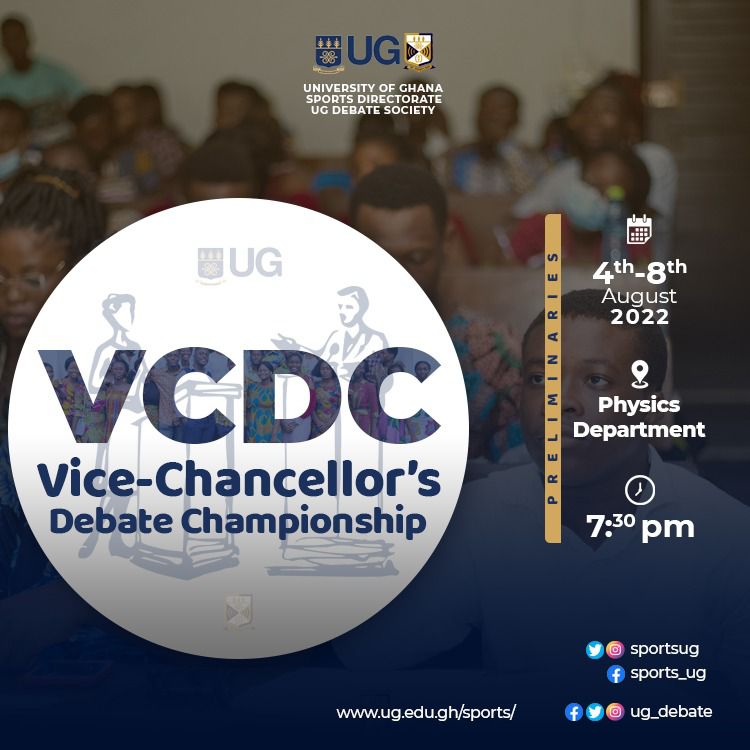 ug_debate's tweet photo. It's the annual Vice-Chancellor's Debate Championship!
As the largest debate tournament on campus, you can't miss out!
Join us from the 4th of August to the 8th of August for amazing rounds of wit and discourse.
#debate #ugdebate #vcdc2022 https://t.co/rW7LB8zRiM