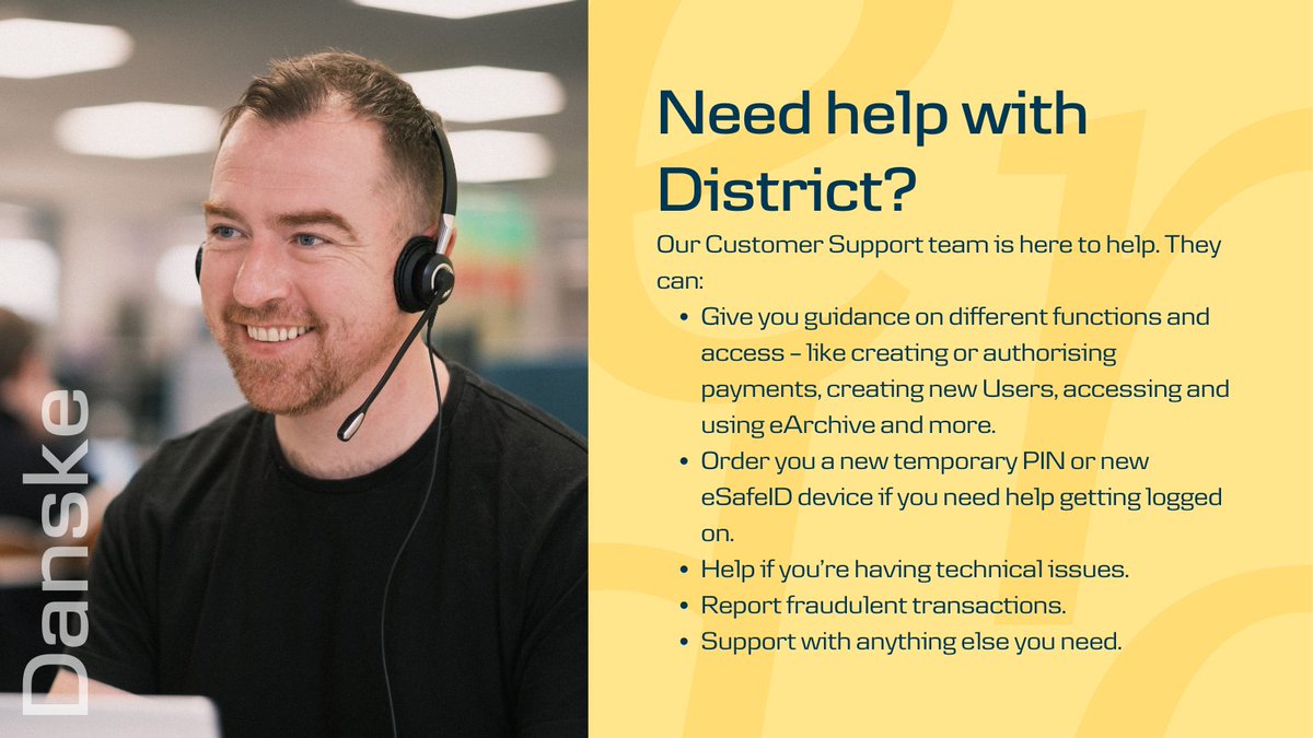 Using our financial platform District to help with your business banking? Did you know we’ve got a dedicated Customer Support team who can help you navigate it?

If you ever need them, call 02890 311377 (open Mon-Thurs 8am-6pm and Fri 8am-5pm.) They can 👇