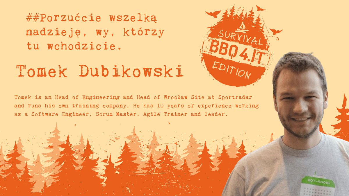 bbq4it's tweet photo. Kolejny prelegent to Tomek Dubikowski, którego bywalcy naszej konferencji dobrze znają. 
O czym opowie? 
"Macie czasem poczucie, że w pracy czujecie się jak w piekle? Nie gwarantuję, że z tego piekła da się wydostać, ale może chociaż postarajmy się, żeby było nam w nim łatwiej". https://t.co/vBLJeK2g5E