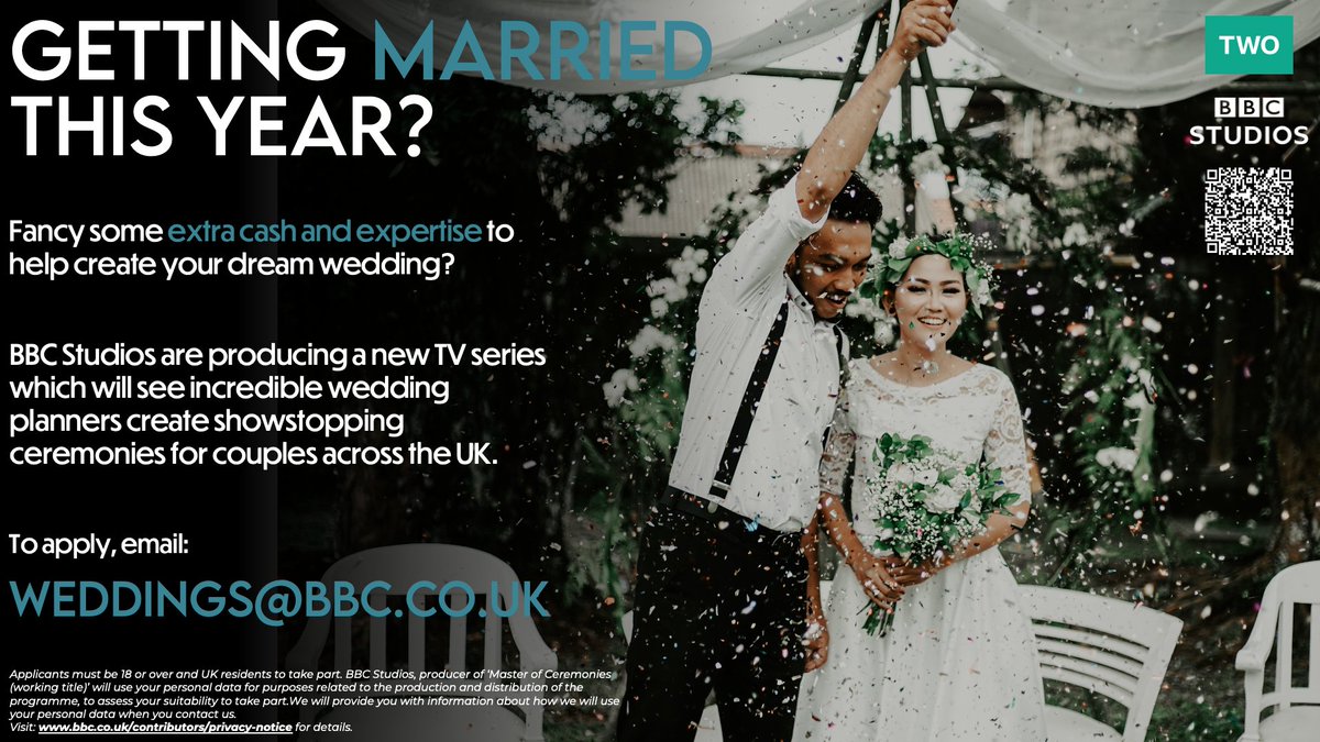 Are you getting married on Sun Oct 16th, Sat 29th Oct 2022 or Sat 12th Nov 2022?

Looking for ways to make your day EXTRA special? 

BBC Studios are looking for couples to take part in a new series. 

E: weddings@bbc.co.uk 

#tvcasting #beontv #ukweddings  #2022wedding #2022bride