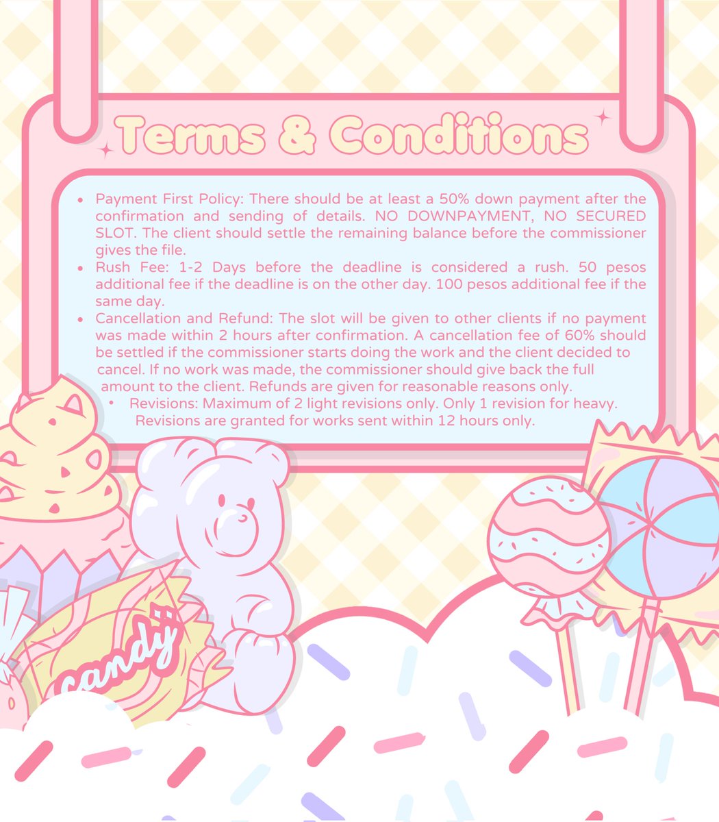 sweet day, lovely clients! 🍬 

    Aly is open for academic commissions anytime. Let me help you with your academic workloads to have a better academic performance this school year! My fortes are listed in my sheet, and you can always inquire for works not included below.