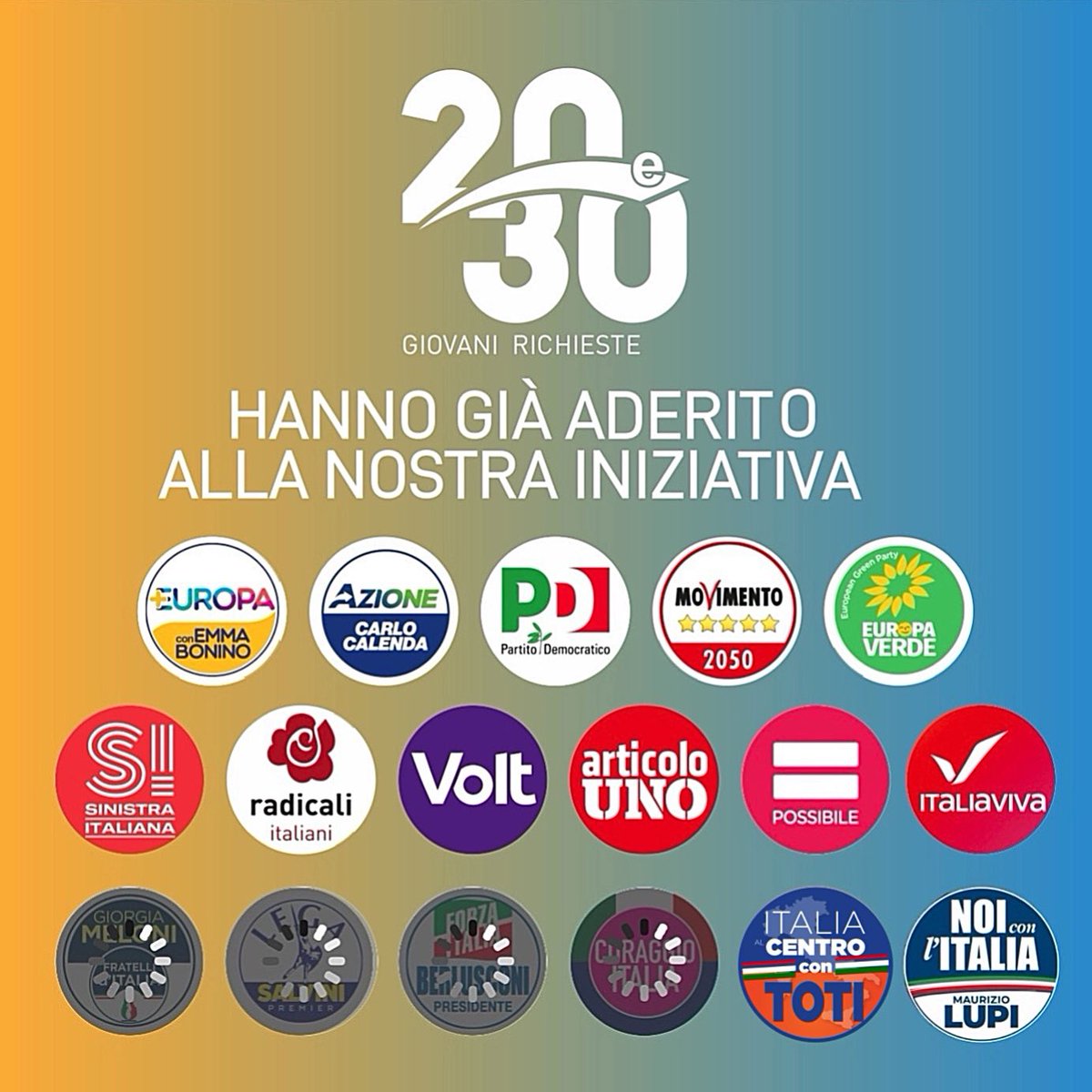 Le adesioni a #20e30 proseguono! 

È appena arrivata l’adesione di <a href="/ItaliaalCentro_/">Italia al Centro</a>, che ha manifestato la volontà di impegnarsi a inserire all’interno del proprio programma elettorale delle proposte concrete per la nostra generazione. 

Attendiamo altre adesioni.