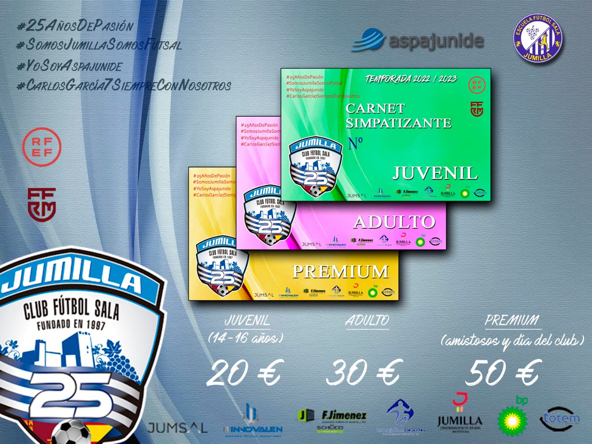 ‼️🎫 CAMPAÑA DE ABONADOS 22/23 🎫‼️

Lanzamos la campaña de abonados para la temporada 22/23. Ya puedes comprar tu carnet de simpatizante en Cafetería Tótem (Avenida de Levante 12) o a través de cualquier miembro del club.