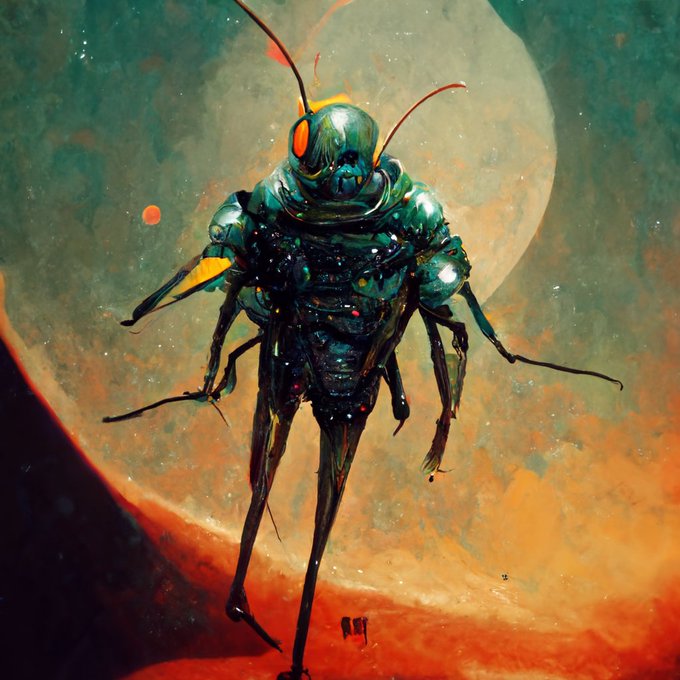 『侵略的宇宙昆虫人間』と『それと戦う宇宙海兵隊』。昔のSF小説の表紙みたいなのが無限に生まれてきてこれはかなり目に楽しいかもしんない。25回使い切っちゃったから課金しようかしら… #midjourney 