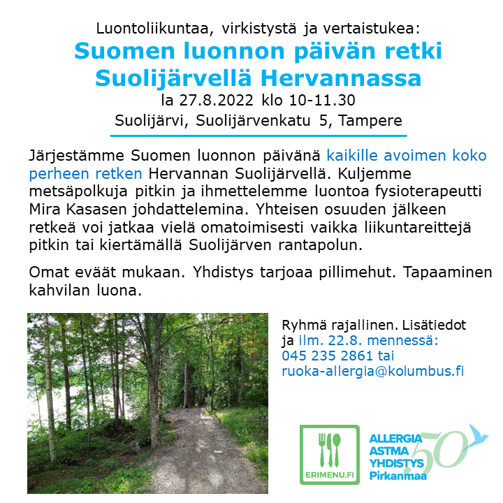 #Suomenluonnonpäivä'nä la 27.8. kaikille avoin perhe'#luontoretki Suolijärven metsässä Hervannassa #Tampere'ella. Imoittaudu yhdistyksen toimistolle.
#luontoliikunta #lähiluonto #lastenliikunta #allergia #iho #astma #ruokaallergia #anafylaksia #allergiaperhe #järjestötpirkanmaa