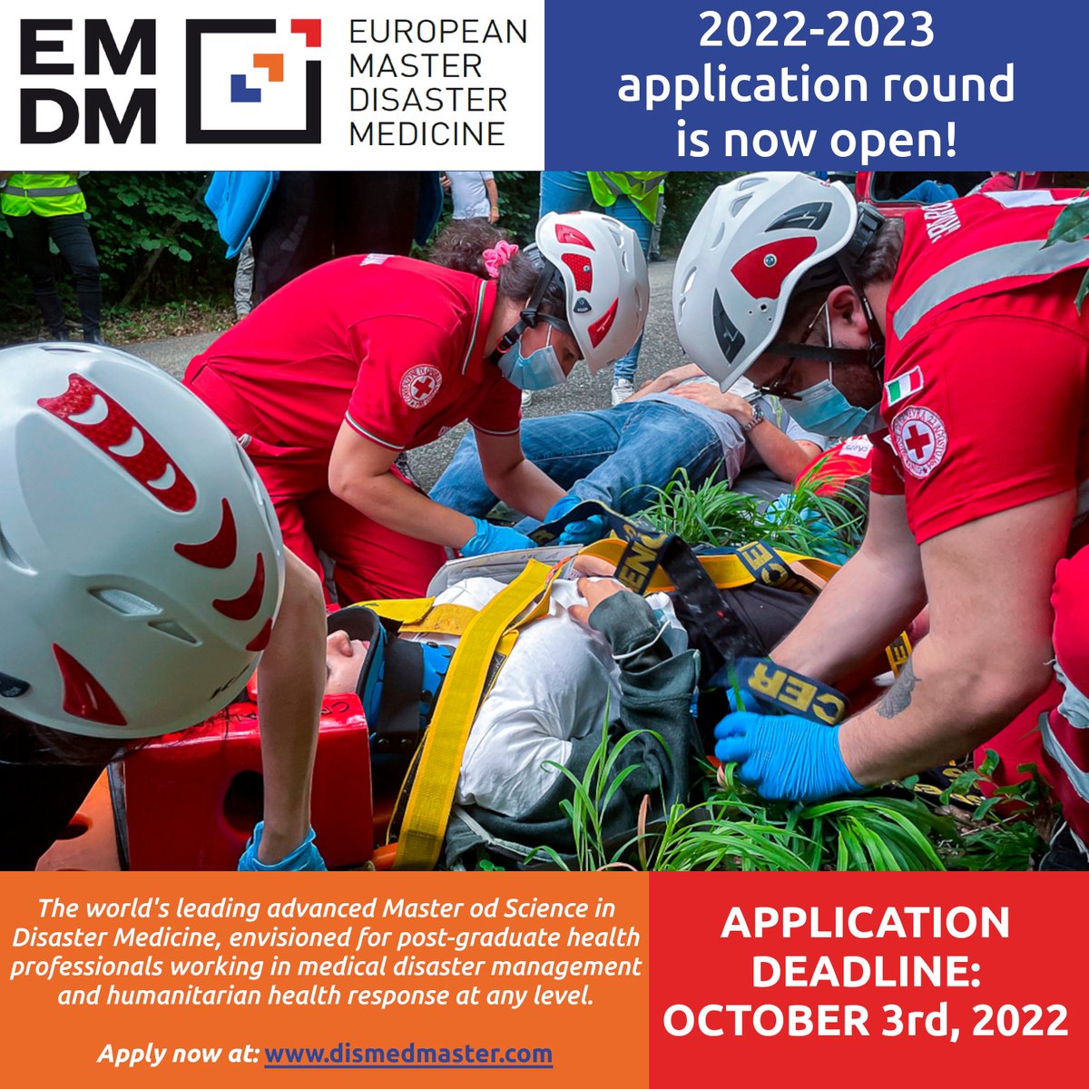 CRIMEDIM's tweet image. #EMDM23 candidates are welcome!

#EMDM is a renowned Advanced Master of Science, jointly organized by #CRIMEDIM  (#UPO) and @REGEDIM_VUB  (#VUB). 

Find out more here: dismedmaster.com

Application deadline: Oct. 3rd, 2022
#disaster #management #humanitarian #health
