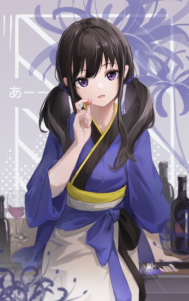 inoue takina 1girl purple eyes solo japanese clothes black hair blue kimono kimono  illustration images