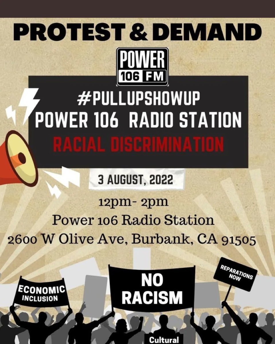 #pullupseason #PullUpSummer #PULLUPSHOWUP If you live in the #LosAngeles area please go to this rally. Go to the @Power106LA radio station which is 2600 W. Olive Ave. Burbank CA 91505. Please attend to show them that we're not happy about #AmericanCholo and his #racism