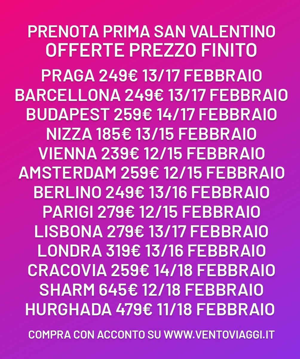 vento_viaggi's tweet photo. Prenota Prima San Valentino ❤️
Offerte Volo + Hotel PREZZO FINITO 
Compra con acconto su https://t.co/0OP1thJvp3 https://t.co/5x1qzjyNLW