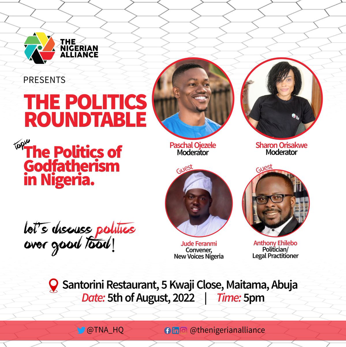 TNA_HQ's tweet photo. Have you secured your seats for #TNAPoliticsRoundtable? We are looking forward to having you join us this Friday.

@JudeFeranmi @AnthonyEhilebo @ojpaschal @SharonOrisakwe @ose_anenih @AriyoAristotle https://t.co/daRkYS6EpH