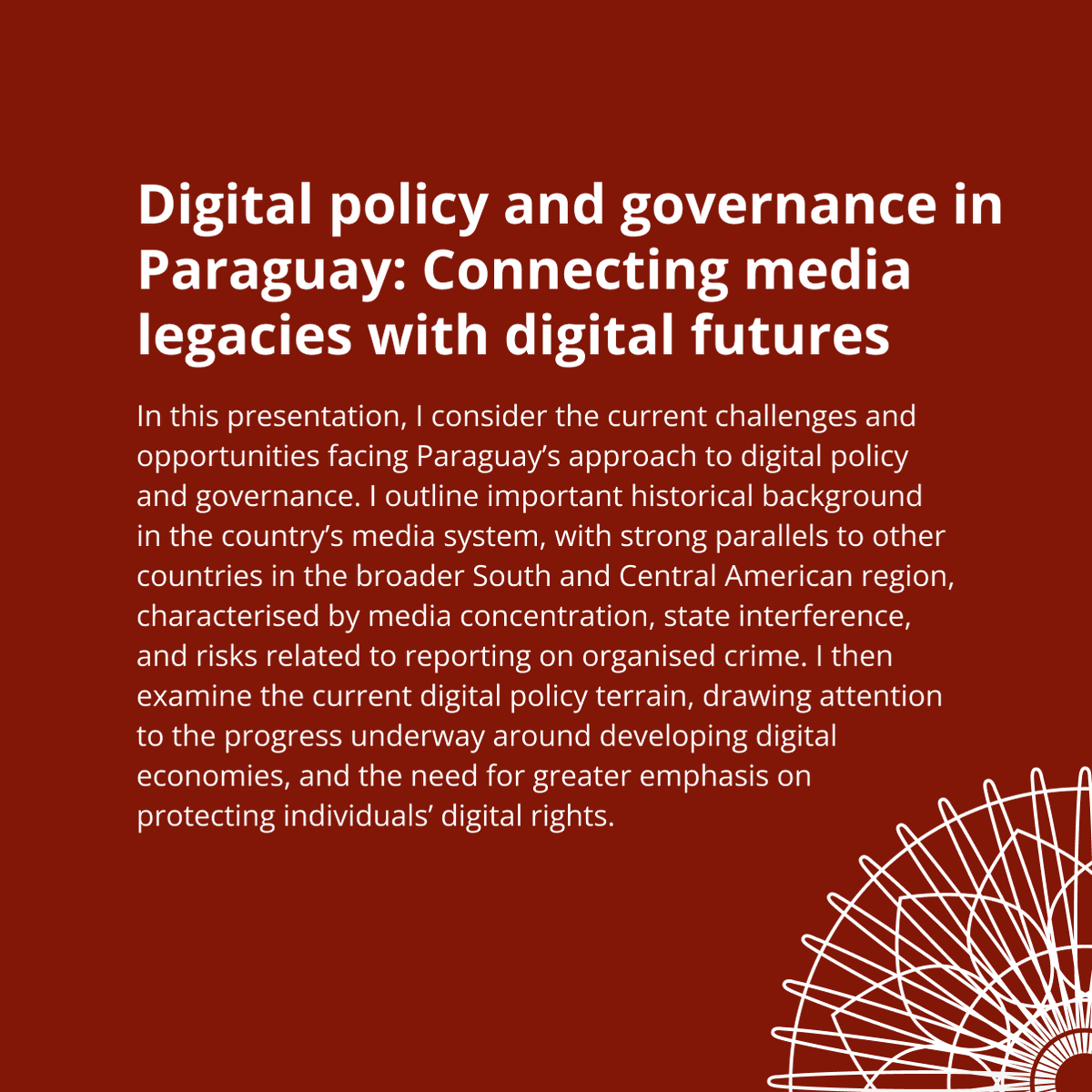 pyspeaks's tweet photo. In this edition of #PySpeaks, Dr. Estelle Boyle will talk about Paraguayan digital policy and governance, important historical background in the media system characterised by media concentration, state interference and risks related to reporting on organised crime. https://t.co/Nm0NIxleWD