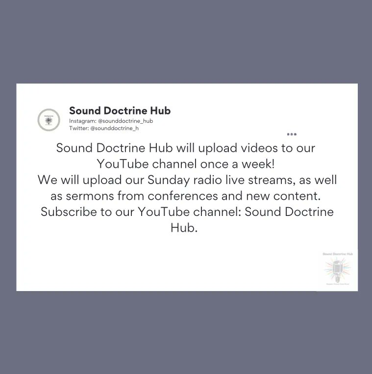sounddoctrine_h's tweet image. Sound Doctrine Hub will be posting content on our YouTube Channel for those without Facebook or have missed past teachings. 

Subscribe to our YouTube channel, like our videos, comment, and share with everyone you know. 
Link to our channel: buff.ly/3PdH1iS