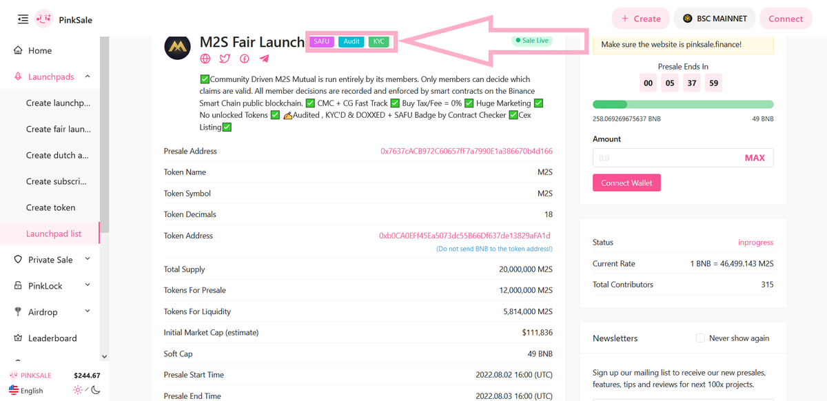 ✅ I was asked what I look for when I'm buying a #Presale on #Pinksale. 🤔

👉My answer is KYC, Audit and recently enough also a Safu badge.

👌🏻 We're happy to announce <a href="/m2s_network/">M2S Network</a> has met the criteria for a #Safu badge!

🚀 Check them out below.

pinksale.finance/launchpad/0x76…
