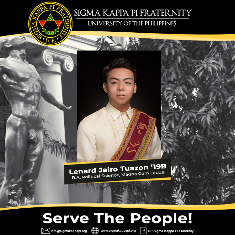ekitmanila's tweet photo. The Sigma Kappa Pi Fraternity proudly congratulates Brod Lenard Jairo Tuazon 19B for receiving his BA in Political Science, Magna Cum Laude, and Brod Juliard Christan Barin 13A for receiving his Master of Public Management.

Congratulations and serve the people, Brods! https://t.co/oN4M3WC6kB