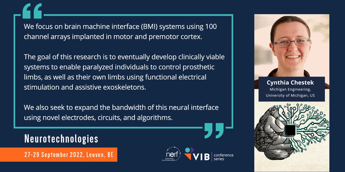 🤩Exciting talk at #Neurotech22 by @VIBConferences Cynthia Chestek @ChestekLab from @UMengineering will present her work on brain-machine interface systems for clinical applications. #exoskeleton🧑‍🦽🔜🚶‍♀️ #BMI 🦿 🦾 🦻 Register here bit.ly/3ORnAMm