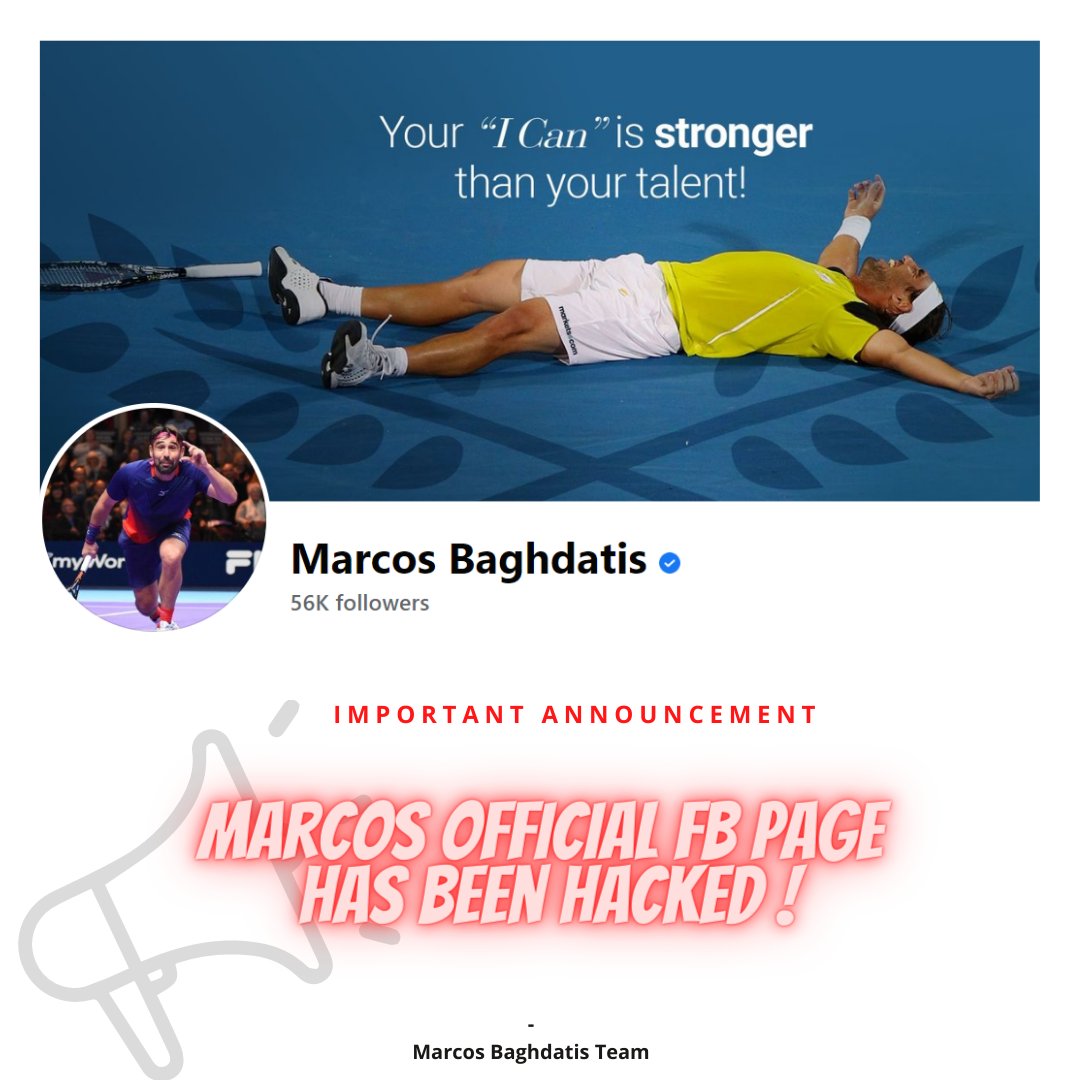 Marcos Baghdatis Official Facebook page has been hacked and we are doing our best to recover it as soon as possible.
Kindly, do not engage with the posts and/or click on any links until further news from us.