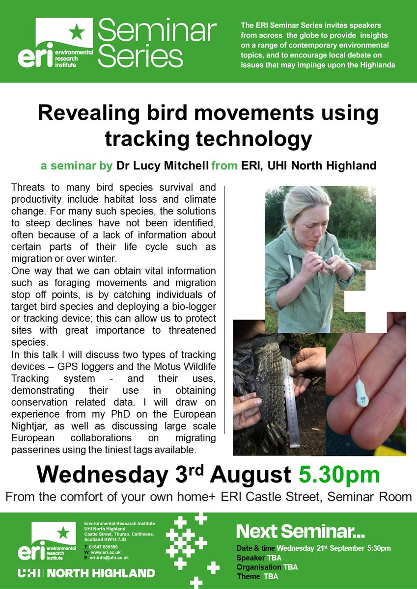 Revealing bird movement using tracking technology - a seminar by Dr Lucy Mitchell from @ERI_UHI tonight at 5.30pm. Join us at ERI Castle Street, Thurso or email eriseminars@uhi.ac.uk if you'd like to attend online.