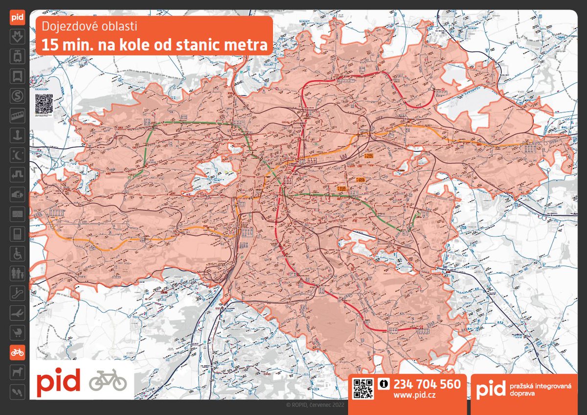 PIDoficialni's tweet photo. Zkusili jsme si nakreslit, kam až se dostanete na kole za 15 minut od stanic metra a trochu nás to překvapilo. Snad pro vás nebude překvapením, že můžete s pražskou Lítačkou ať už v plastové nebo virtuální podobě cestovat na sdíleném kole až dvakrát denně 15 minut zdarma. https://t.co/uiiOi2MpIs