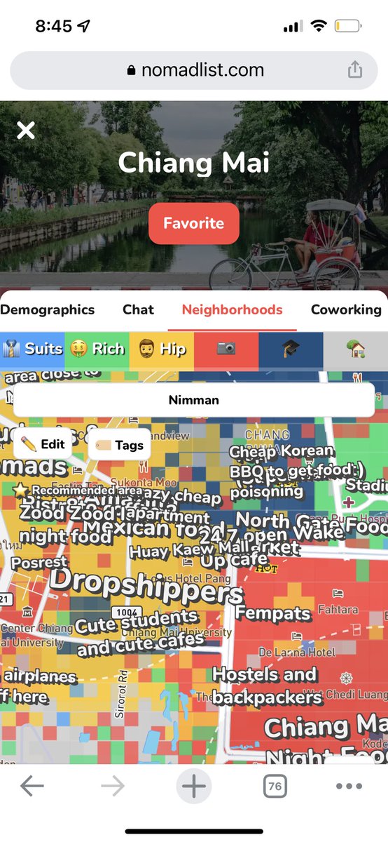 God I love <a href="/NomadList/">Nomad List</a>. Not only is is useful for finding great places to work overseas, but the way they name neighbourhoods. “Drop shippers” in Chiang Mai (will visit with caution.