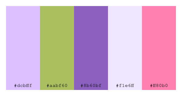 ColPaletteBot's tweet photo. Beep beep, here's a pretty color palette for you!
color-scheme.js parameters used:
- hue: 137
- variation: light
- colors: #dcbfff, #aabf60, #8b60bf, #f1e6ff, #ff80b0
Have a lovely day!
#twitterbot #colorpalette #colors #palette #prettycolors https://t.co/gu6bQmuXSw