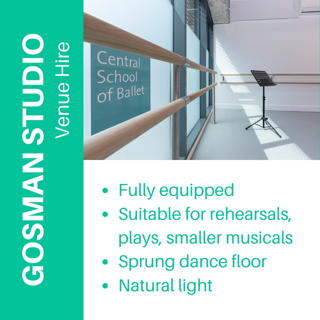 Gosman Studio is an ideal rehearsal space for dance and theatre companies with sprung dance floor, mirror wall and built-in ballet barre

Find out more about hiring our facilities: centralschoolofballet.co.uk/venue-hire 

#rehearsalspace #dancestudio #venuehire #theatrerehearsal