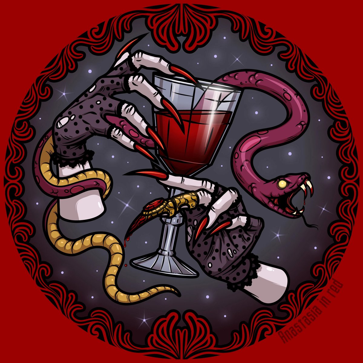 "Hiss and bliss"
Another piece from the series "Vampire miniatures" now on objkt! 
8/8, 2.5 tez. Link below
Please share, if you like it!🐍