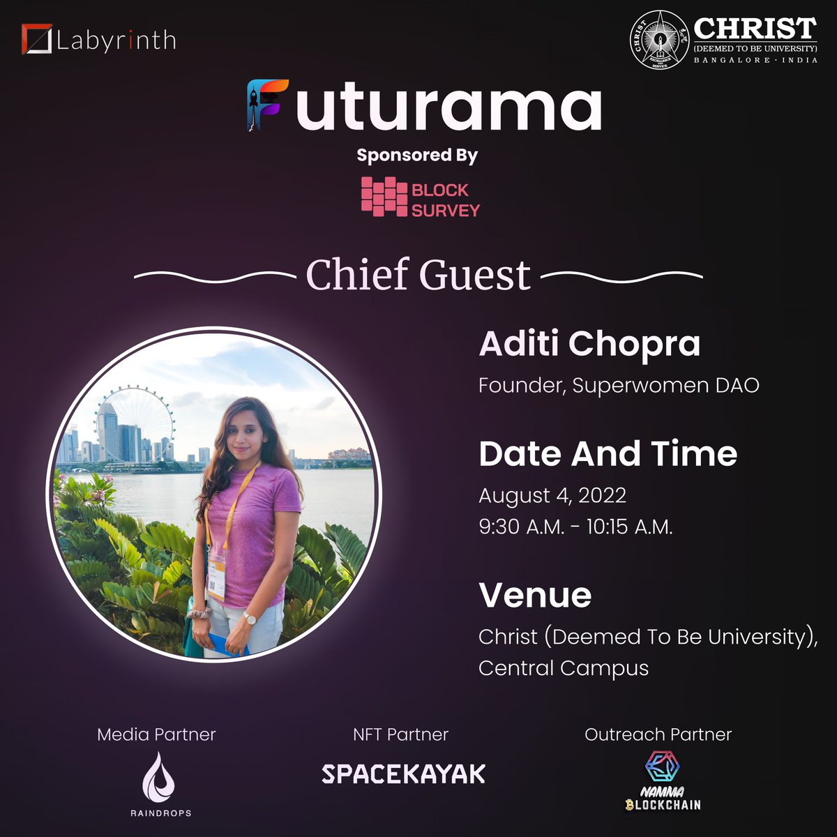 FuturamaWeb3's tweet photo. Labyrinth is privileged to have @aditichoprax, the Founder of @aditichoprax, as the Chief Guest for Futurama 3.0. She is a force to be reckoned with, and she learns by experimenting. This is what makes her a great mentor and career guide for college students. https://t.co/yzYWOtJtnO