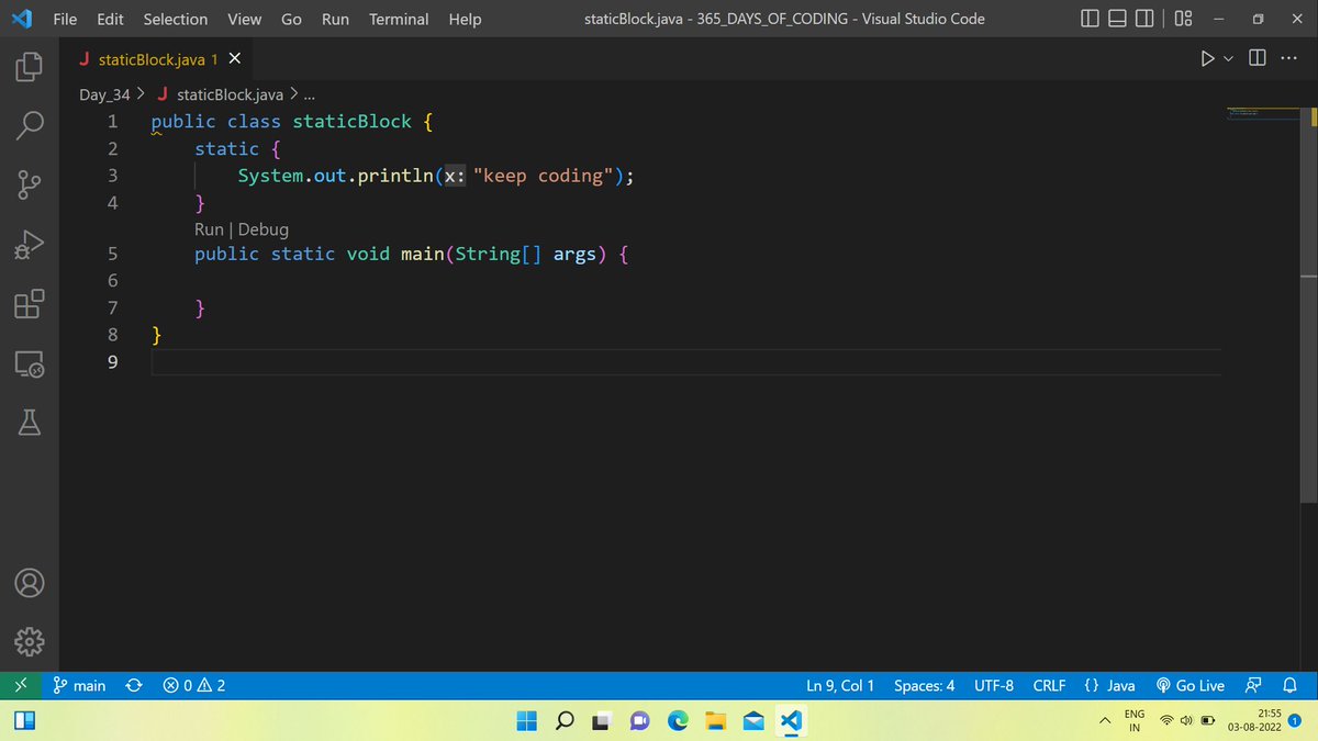 RuidasSathi's tweet photo. Day(34/365) of #356DaysOfCode with @thriverswagmi @yesiamtechjc
Did:
Implement of static block
Link:
https://t.co/DFCPY6xexq
Ignore tag:
#100DaysOfCode https://t.co/UTvm45sHNS