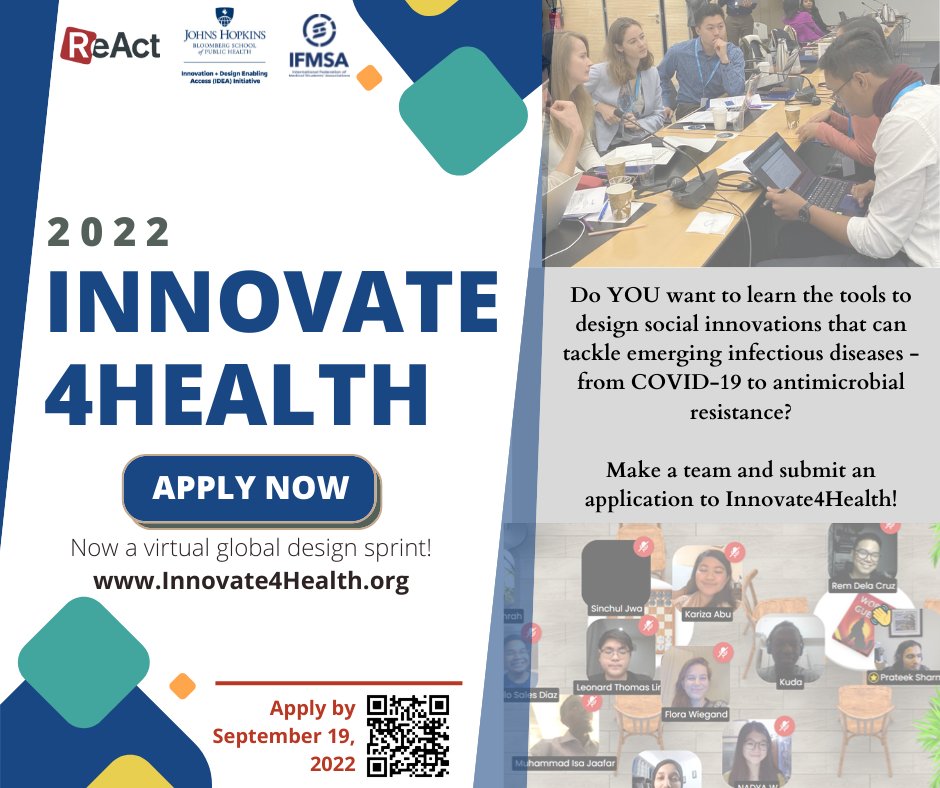 Do you have an idea for an innovation that tackles emerging infections from COVID-19 to antibiotic resistance? Apply by Sept 19 to Innovate4Health, a global virtual design sprint, to help your team take its innovation from ideation to implementation! Visit innovate4health.org
