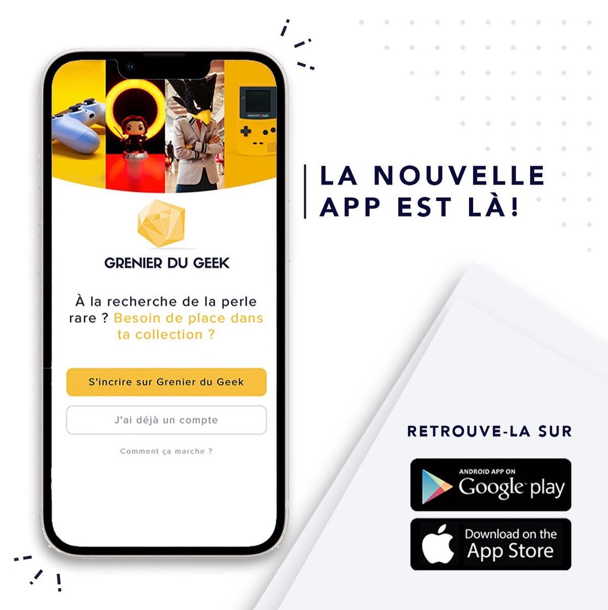 grenierdugeek's tweet photo. Démarre l’aventure #GDG dès maintenant avec la toute nouvelle app Grenier du Geek! 🚀🕹️

Ton marketplace geek préféré est en effet désormais dispo sur iOS et Android! 🎉

Télécharge l'app ici!👇

Android 🤖 https://t.co/FPYQtz0zPz
iOS 🍏 https://t.co/TYWIh43I3c https://t.co/R0s1rI4cOM