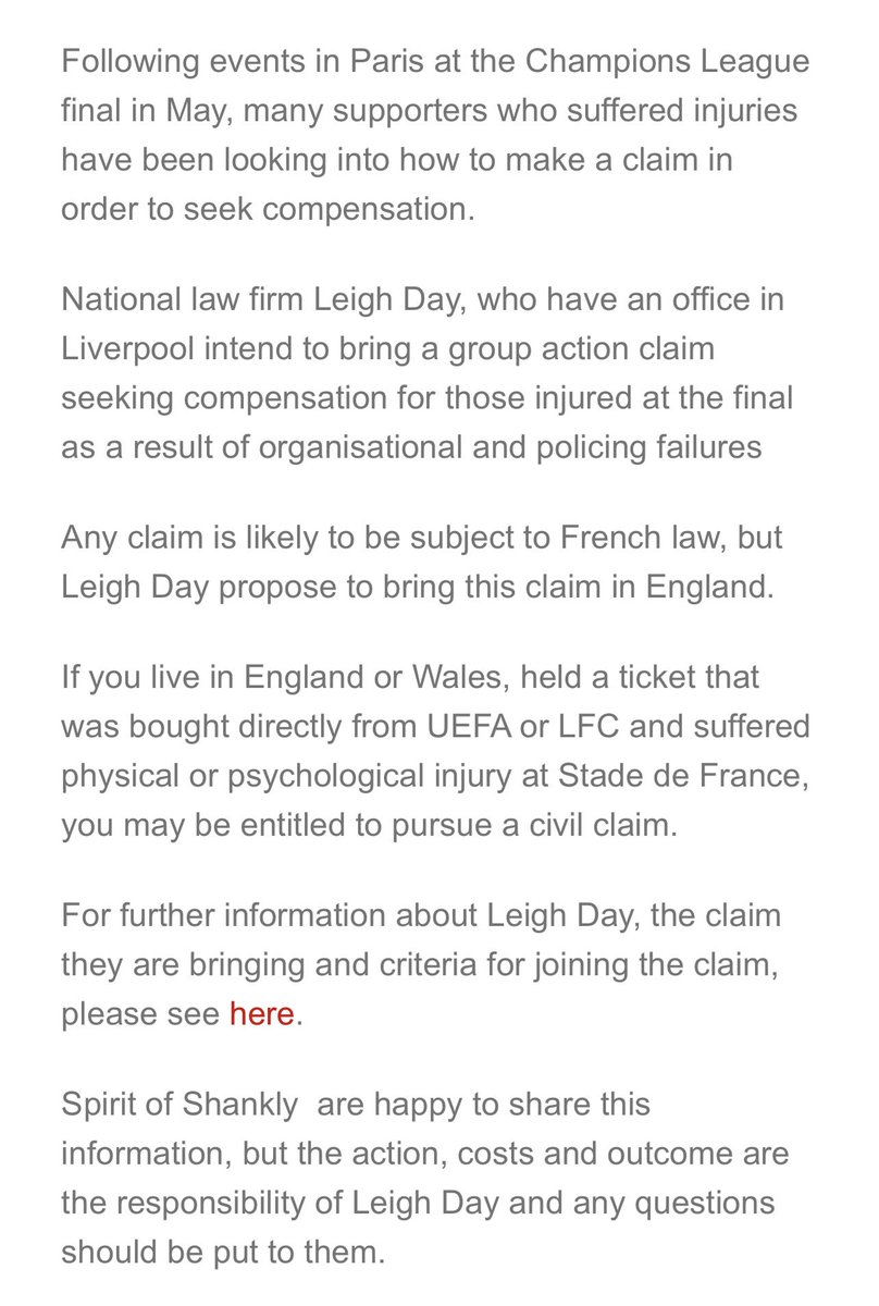 Group Legal Action: Law Firm Investigating – CL Final, Paris 2022. Link to story and for further information via the Leigh Day website: spiritofshankly.com/group-legal-ac…