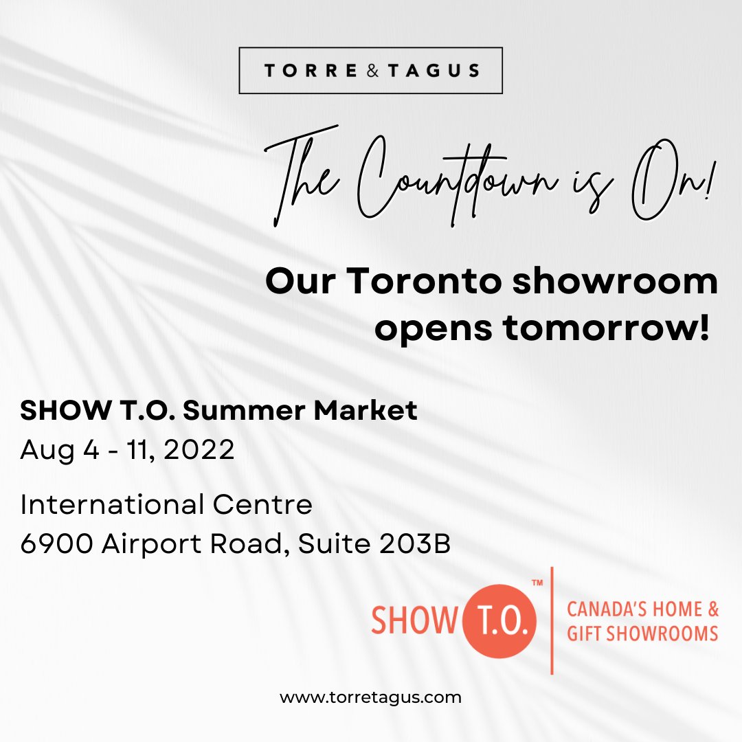 TorreAndTagus's tweet photo. We are so excited... SHOW T.O. and our new Toronto Showroom open tomorrow! Visit us at Suite 203B at The International Centre to see our complete collection in person. #torreandtagus #homedecor #interiordesign #decorator #showTO #showTOhomeandgift #homeandgift #canadianretail https://t.co/eVBMKQYdrA