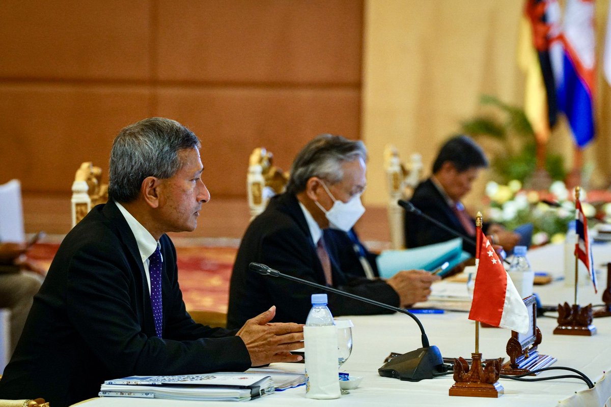 VivianBala's tweet photo. Intensive discussions at the 55th ASEAN Foreign Ministers’ Meeting. Discussed key issues with my counterparts, including the dire situation in Myanmar &amp; the lack of progress on the implementation of the Five Point Consensus. https://t.co/biP9CfzYac