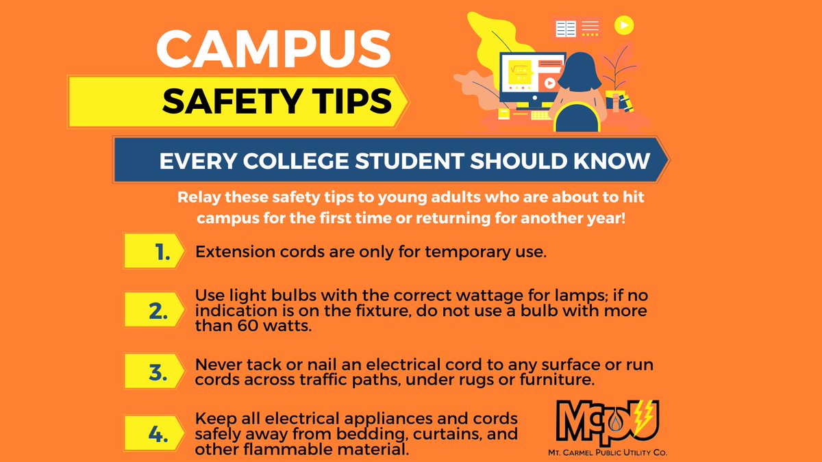MCPublicUtility's tweet photo. College students use multiple electronics for school, work, and play. 👩‍💻🎒🔌

If you or a loved one is heading off to college, Safe Electricity has the following tips to prevent electrical accidents and fires.

View the full list at https://t.co/KBHu8yJPmE

 #MCPU https://t.co/D8bRVwOcdq