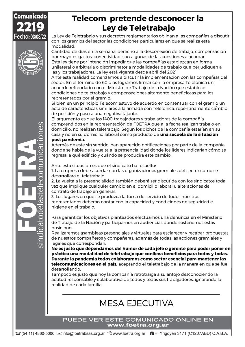 #FOETRA Comunicado 2219 Telecom pretende desconocer la Ley de #Teletrabajo