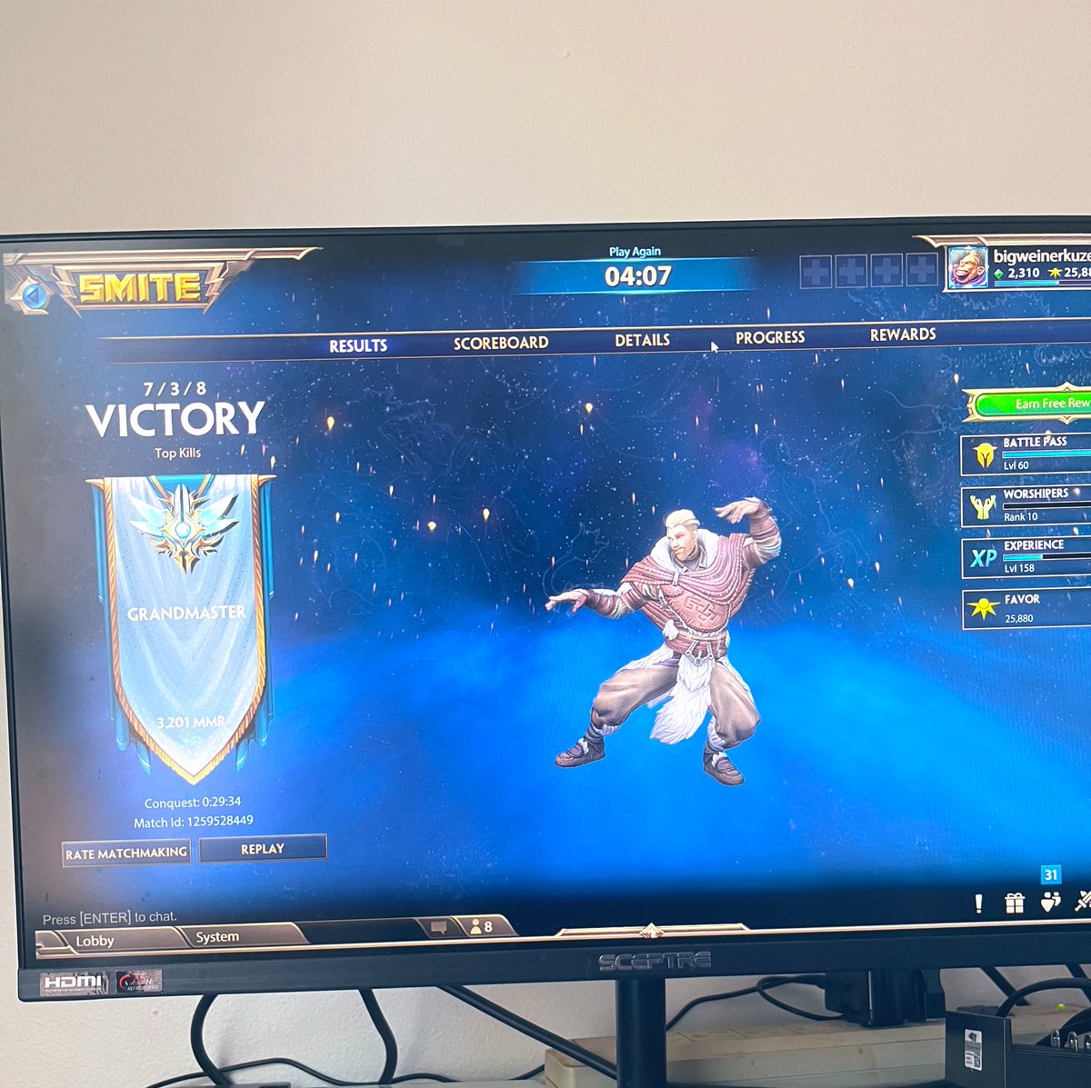 bigweinerkuzen1's tweet photo. Day 23 yah boy made it to gm by knocking the other 5 guys out with cha boi chuchu and now I’m gonna chugga chugga till hirez decides to get off their lazy asses and gives us Bigweinerkuzenbo! @SMITEGame #grandmaster #smitesource.com https://t.co/fdlh7u4gm3