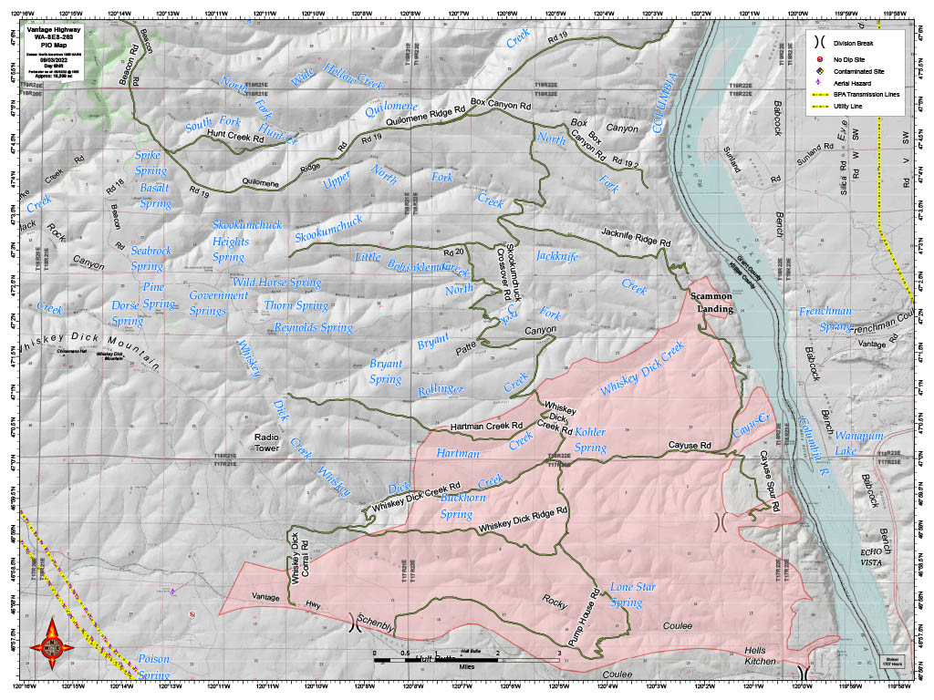 CWAFireInfo's tweet photo. #VantageHighwayFire Update: At 8 AM retardant &amp; water drops will begin on the NE corner of the fire and continue west. Crews on ground are cold trailing, burning, and digging line to secure NW flank. Vantage Hwy still closed due to small slopover last PM. S flank mopup continues. https://t.co/XlUY7DTh2A