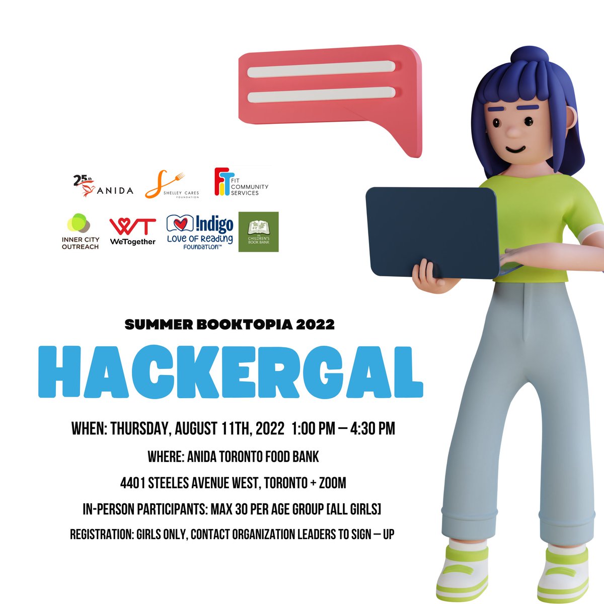 anidaorg's tweet photo. It's time to get coding! Summer Booktopia is hosting a Hackergal event where coding lessons are offered to girls from age 9 to 18 on August 11th. Register with one of our partners to get started.
#Booktopia #Hackergal #Coding #Programming https://t.co/azIUaLQMGb