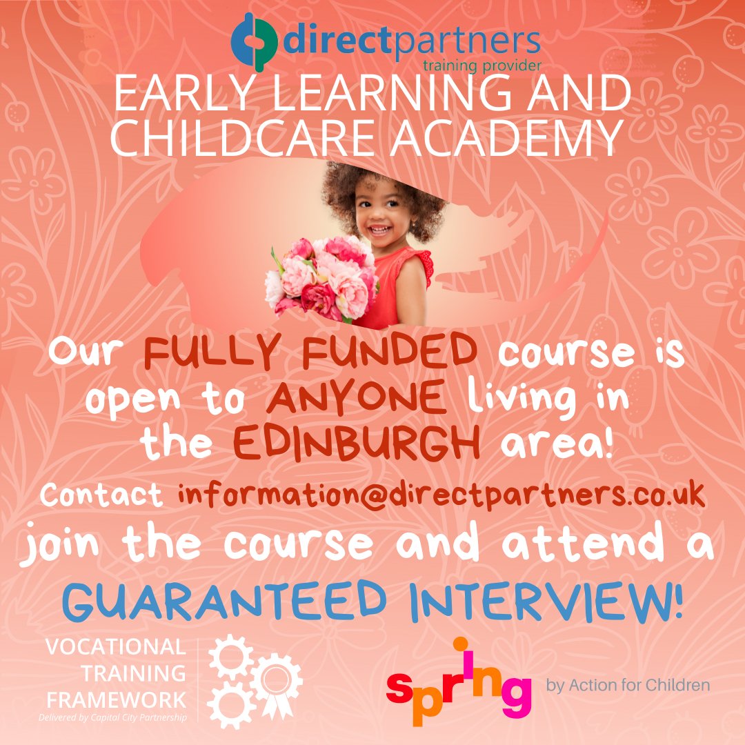 DirectPartners1's tweet photo. Are you interested in starting a career in Childcare?
Join our FULLY FUNDED 2-week-course with a guaranteed interview!
Open to anyone living in Edinburgh!
#directpartners #vocationaltrainingframework #childcarejob #guaranteedinterview #childcarecourse #edinburgh #childcareworker https://t.co/4Ljw285vrs