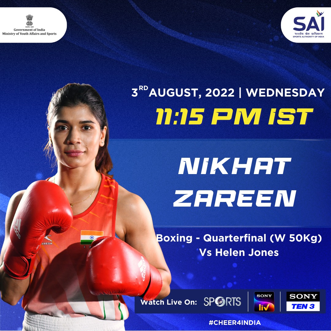 Media_SAI's tweet photo. Our Champ @nikhat_zareen is ready for her event today at #CommonwealthGames2022 🥊

All the best 👍

Let's #Cheer4India 🇮🇳
#IndiaTaiyaarHai 🤟
#India4CWG2022 https://t.co/ANvDjNv10w
