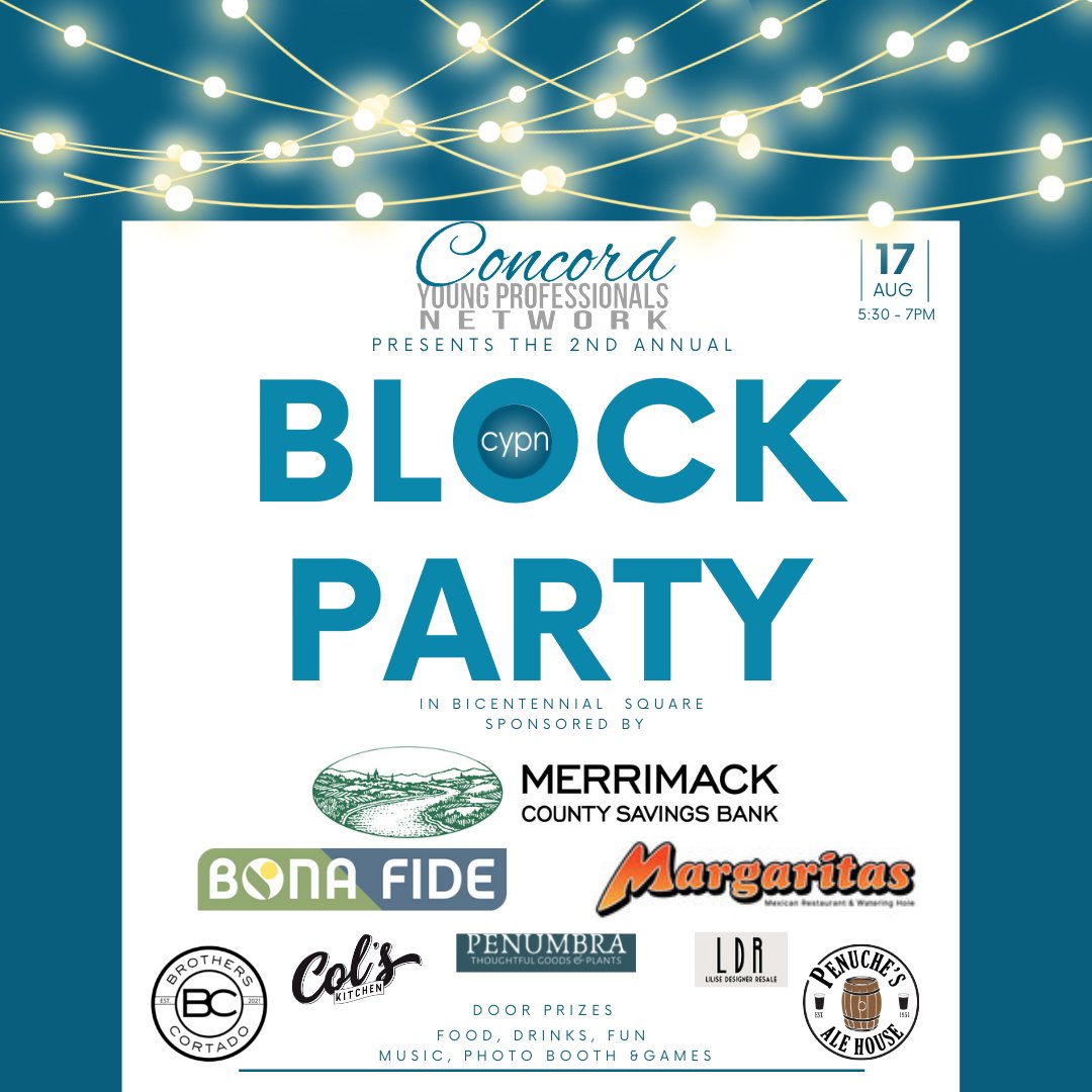 ConcordYP's tweet photo. Our block party is right around the corner! Sign up now to join the fun in Bicentennial Square on August 17: https://t.co/gp81d11tAh
Thank you @MerrimackBank and all our other sponsors!
#ypnetwork #ypn #concordnh #nh #networking #networkingevent https://t.co/1yhAedA4p7