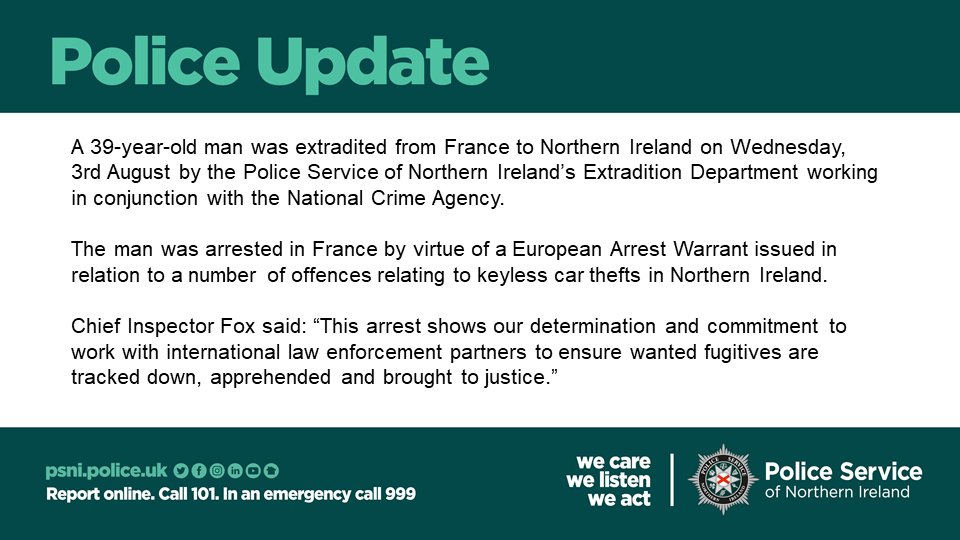 A man (39) has been extradited from France to Northern Ireland after arrest on suspicion of keyless car thefts.
