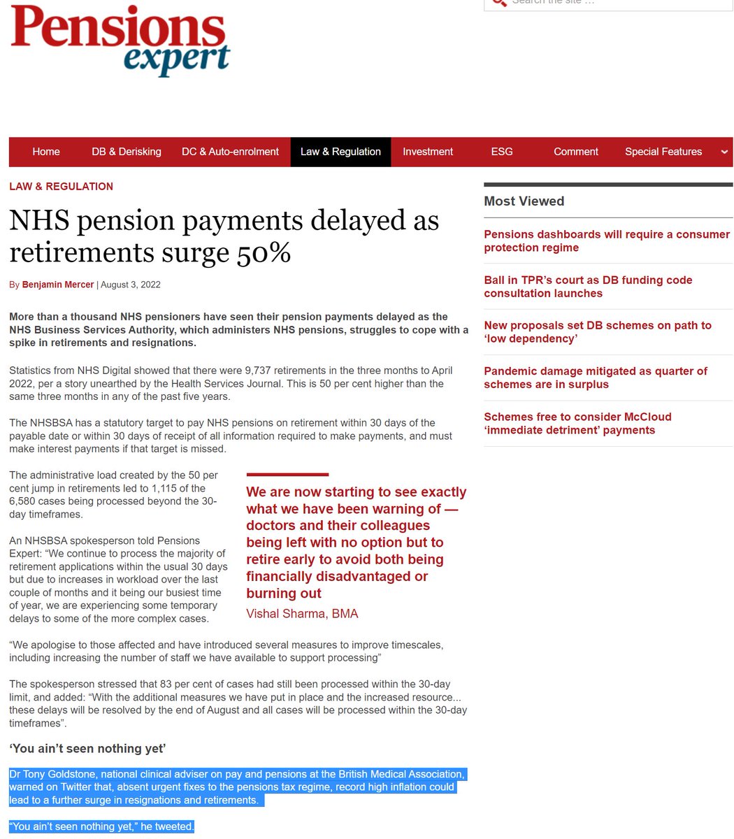 1/Good article <a href="/pensions_expert/">Pensions Expert</a> <a href="/FT/">Financial Times</a> <a href="/BMercer91/">Brandon Mercer</a> 

<a href="/goldstone_tony/">Dr Tony Goldstone</a>, national clinical adviser on pensions <a href="/TheBMA/">The BMA</a>, warned absent urgent fixes to the pensions tax regime, record high inflation could lead to a further surge in resignations &amp; retirements. 
“You ain’t seen nothing yet”