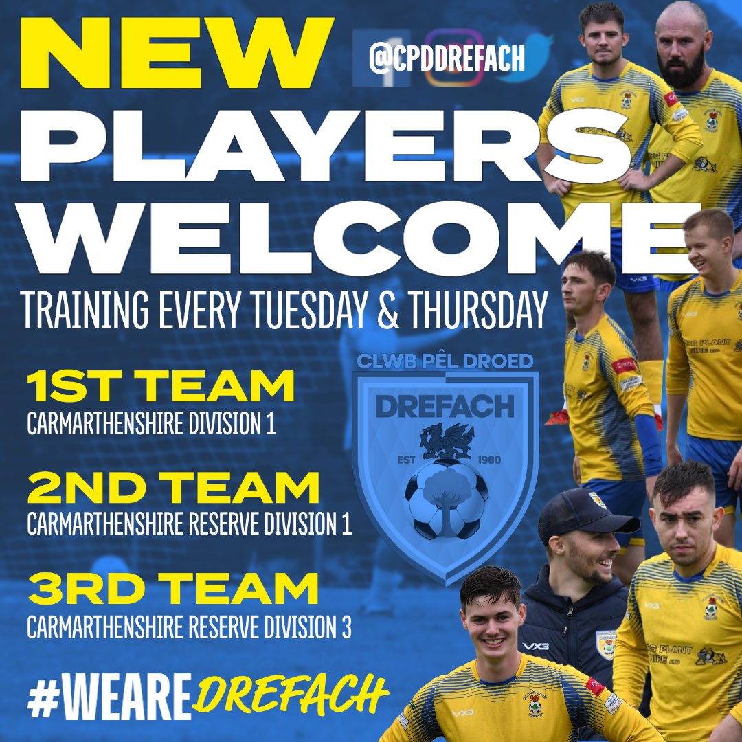 CPDDrefach's tweet photo. Best turnout of pre season so far yesterday but 𝗡𝗘𝗪 players are always welcome - Intra Squad friendly tomorrow👊🏻

Croeso i bawb, cyfle grêt i ymuno a clwb gyda dros 250 o chwaraewyr! Danfonwch neges os oes gennych ddiddordeb📱

🟡🔵 | #WeAreDrefach #NiYwDrefach https://t.co/8TizOKdyWb