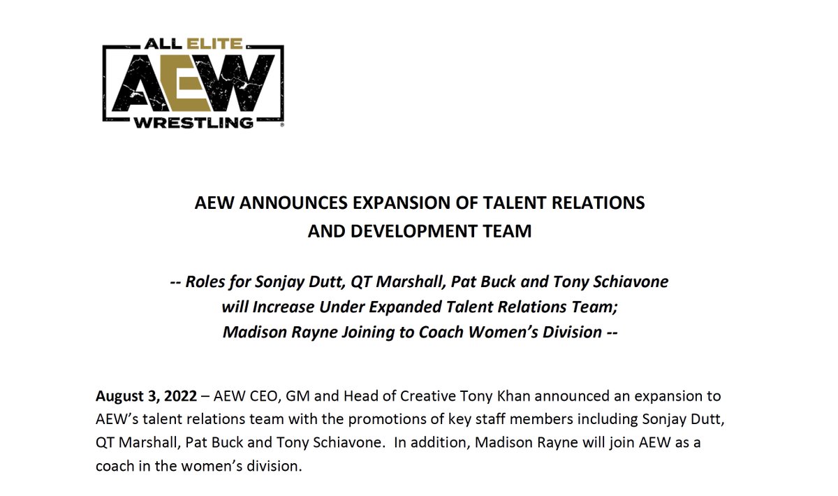 #AEW Announces Expansion Of Talent Relations and Development Team Read full release: allelitewrestling.com/post/aew-annou…