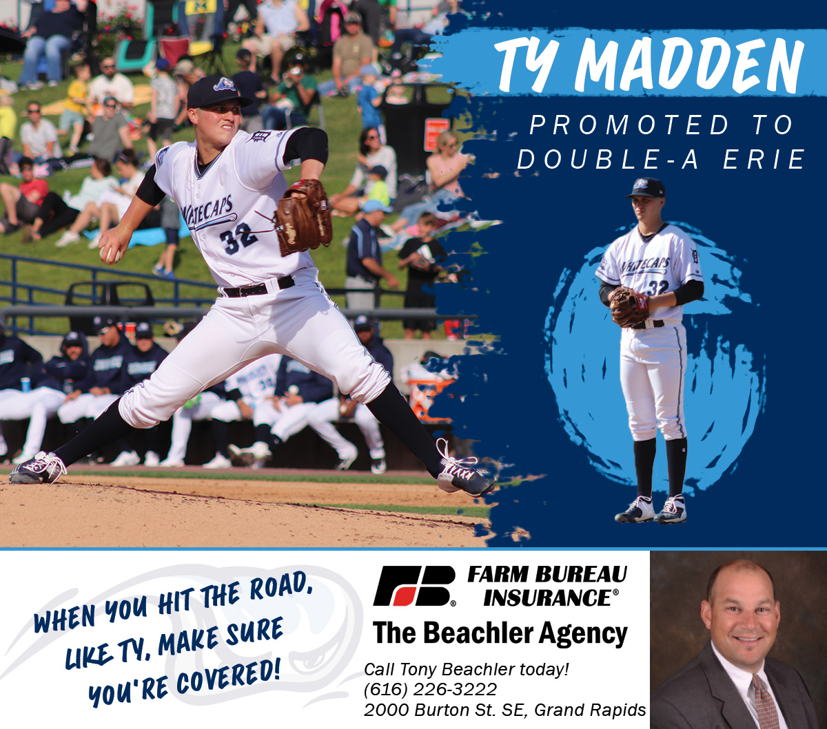 wmwhitecaps's tweet photo. A tip of the cap, and a huge congratulations to Ty Madden on his promotion to the @erie_seawolves 
 
He was dominant in June and July, so we're excited to see what comes next on his Road to Detroit!

And when you hit the road, make sure you're covered with @mifarmbureauins https://t.co/vgcZPx1lSv