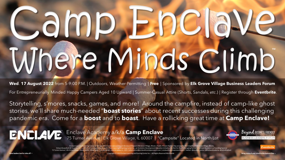 JohnRDallasJr's tweet photo. "Boast stories" instead of camp-like ghost stories will be shared around the campfire at #CampEnclave. Hearing how #entrepreneurs and other venture #leaders are successfully #thinking about and navigating this challenging era will inspire agile #thinkers. https://t.co/YhzWupZY3t https://t.co/zYGsQXub5p